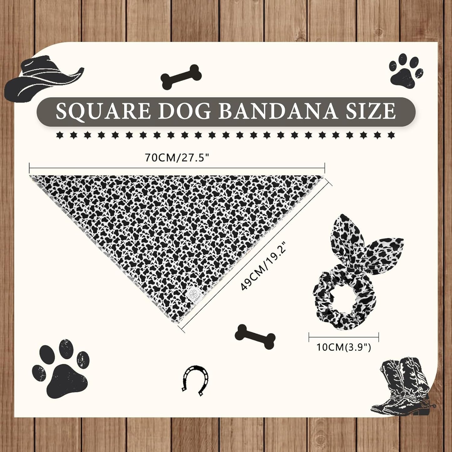 E-Clover Cow Print Dog Bandanas & Matching Scrunchie Set Fall Cowboys Theme Dog Scarf Bibs Pet Bandana with Bow Tie for Medium Large Dogs Owner Mom Black White