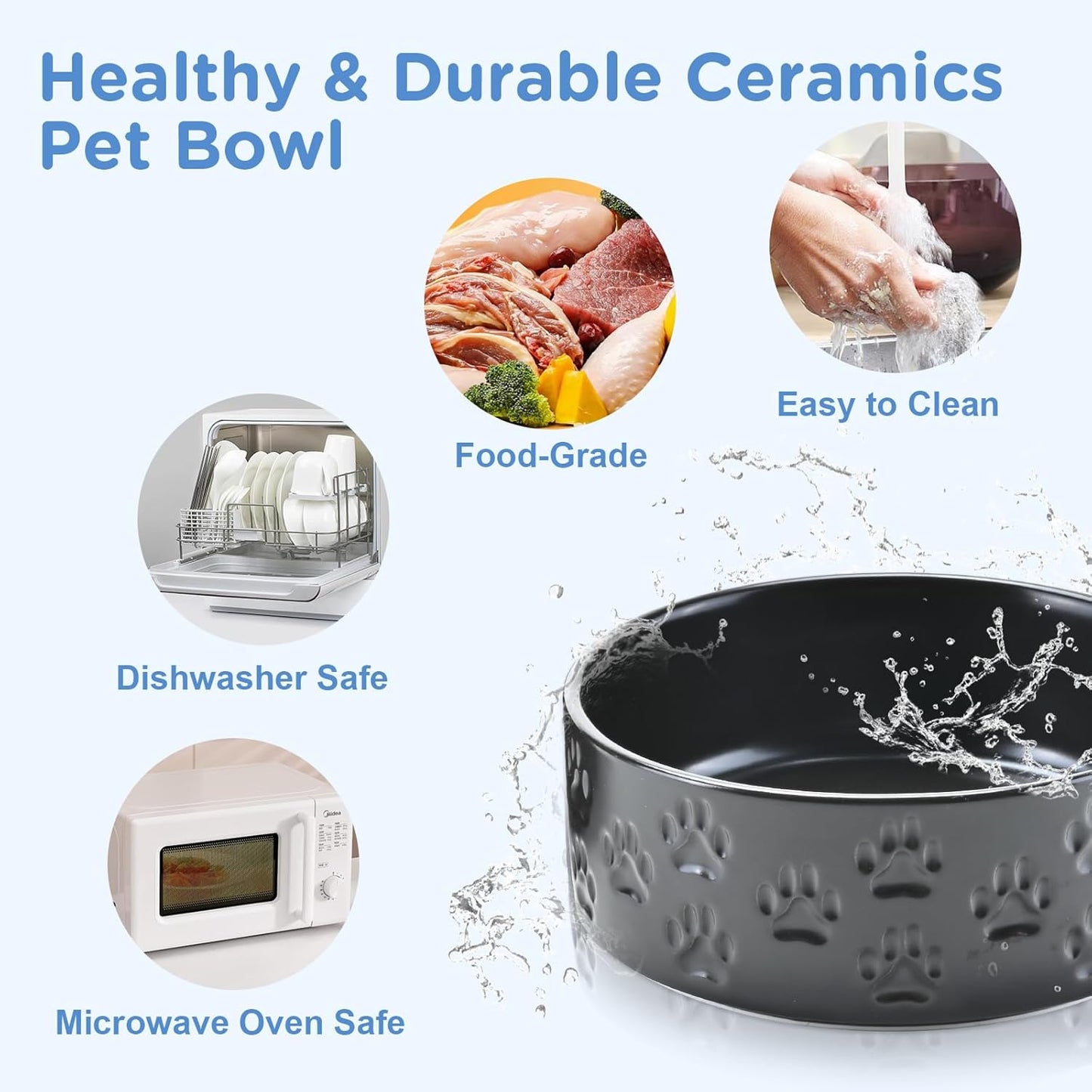 SPUNKYJUNKY Ceramic Dog and Cat Bowls 2 Pack, 6.1'' Dog and Cat Food Water Double Feeding Bowls Non-Slip for Large Sized Breed Microwave Dishwasher Safe - 28.7 OZ, 2pcs, Paw Black