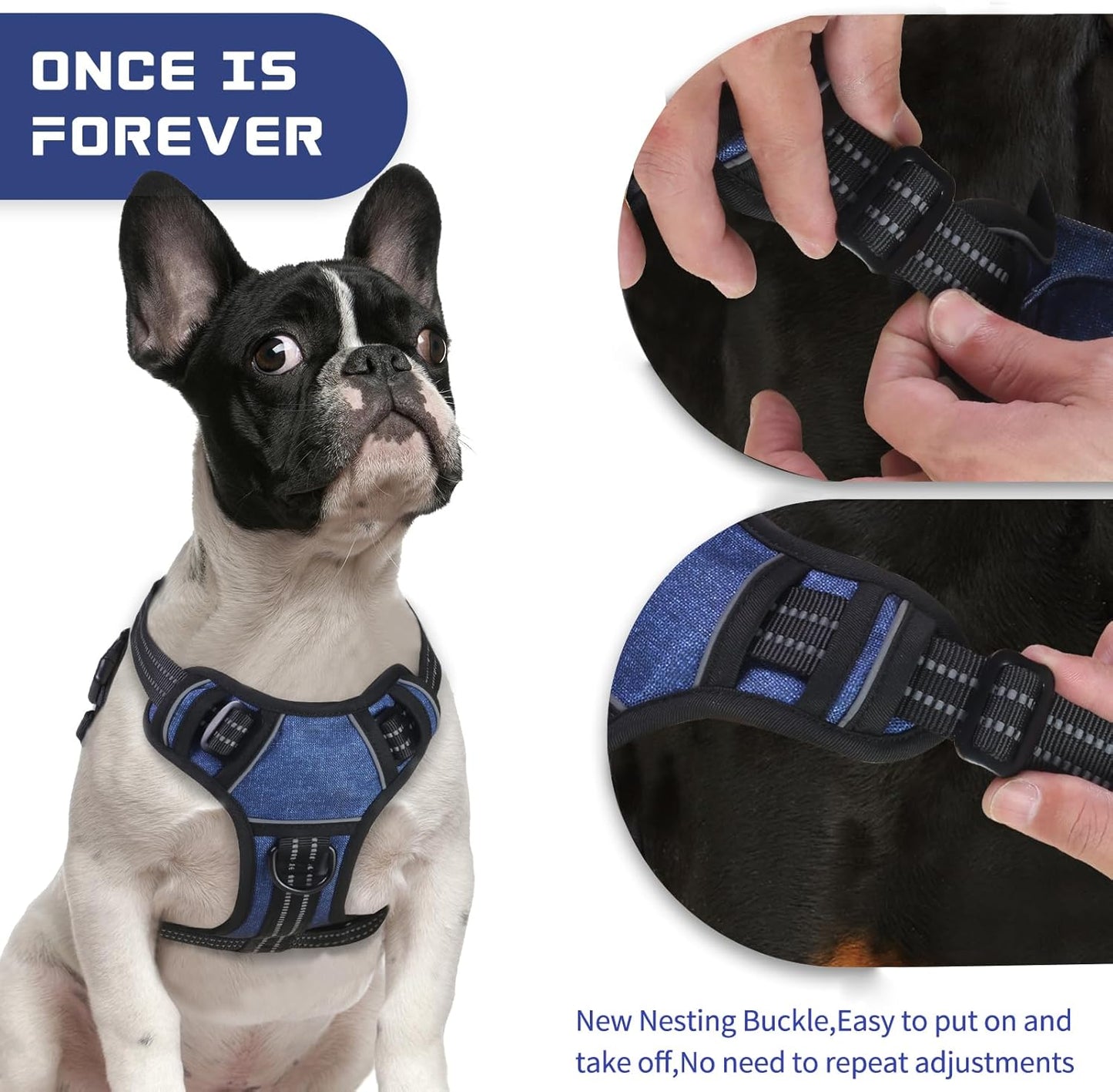BUMBIN Dog Harness for Large Dogs, No Pull Adjustable No Choke Pet Vest with Dog Leash Fit Smart Reflective Pet Walking Harness for Training Easy Control Soft Handle Denim Blue L