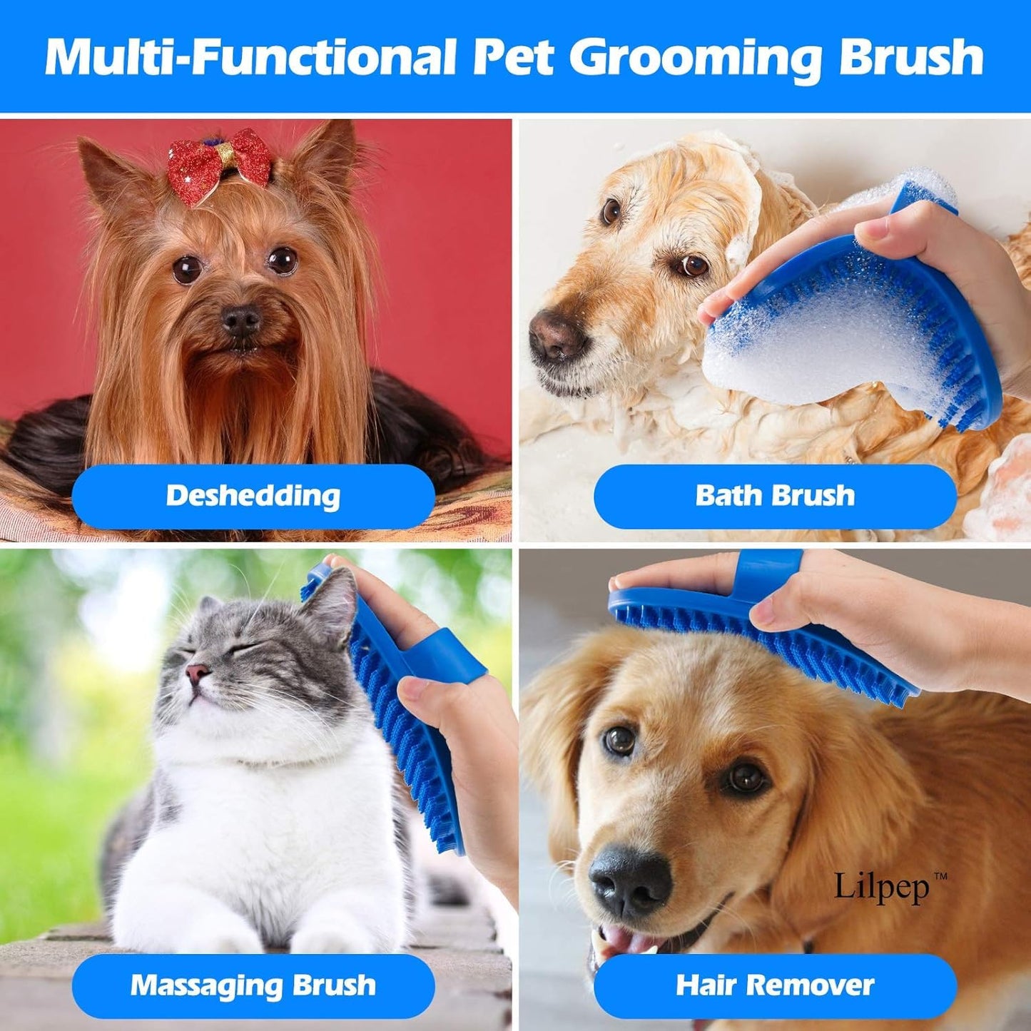 Lilpep Dog Bath Brush, Rubber Pet Shampoo Brush with Silicone Bristles for Massaging Grooming, Removing Short Haired Dogs Cats Shedding, Tangles and Dead Undercoat (Blue, plum brush)