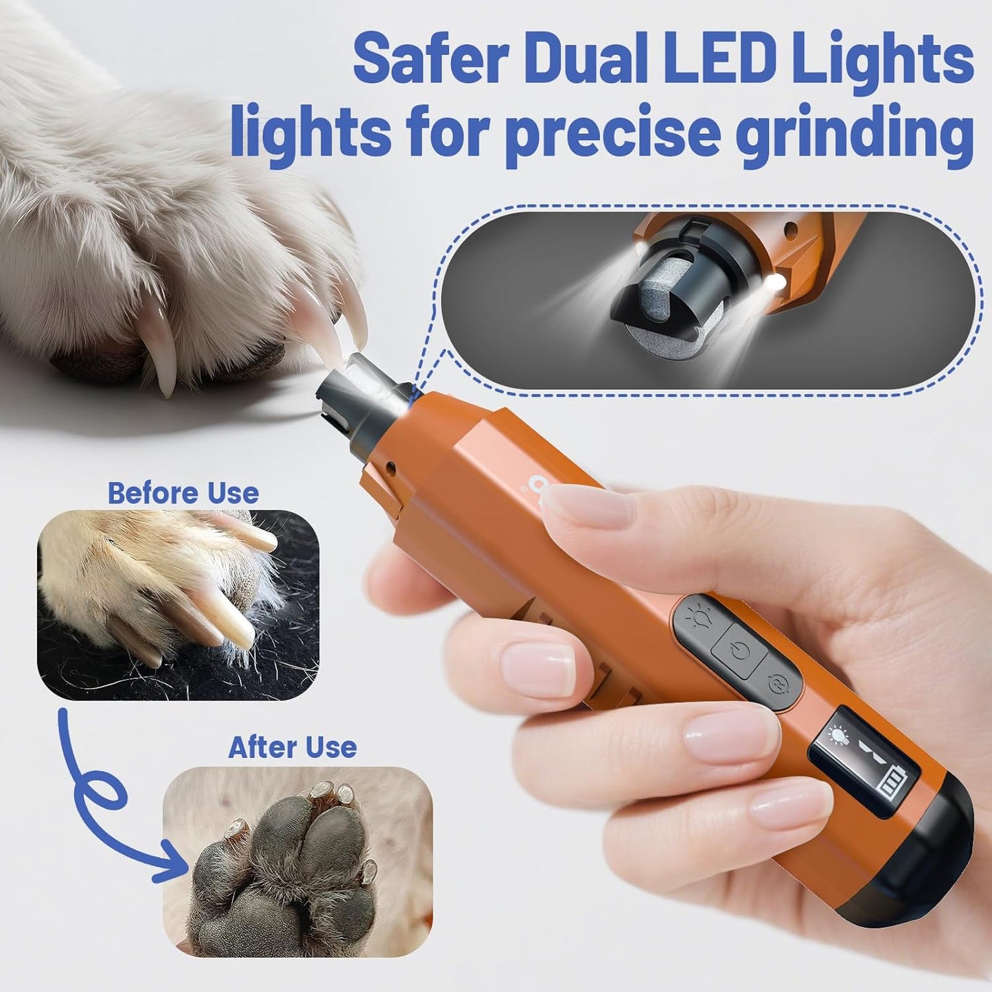 Dog Nail Grinder - Professional Electric Dog Nail Trimmer for Dogs & Cats Quiet Painless Grooming & Smoothing Dog Nail Clipper & File Included - Suitable for Small Medium Large Pets (Orange)