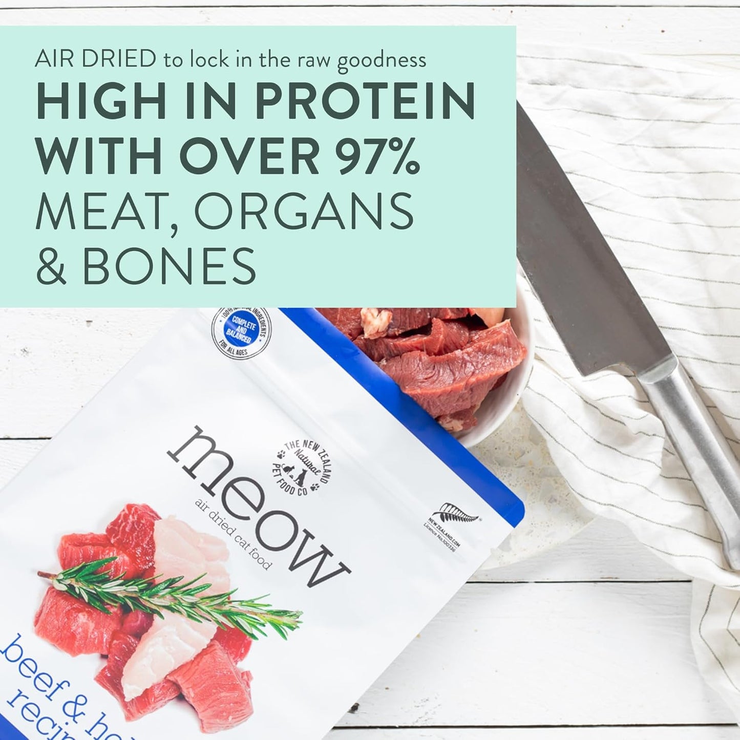 Meow Air Dried Cat Food - Beef & Hoki Recipe,High Protein Dry Cat Food, Training Treats, Meals & Toppers,3.5oz