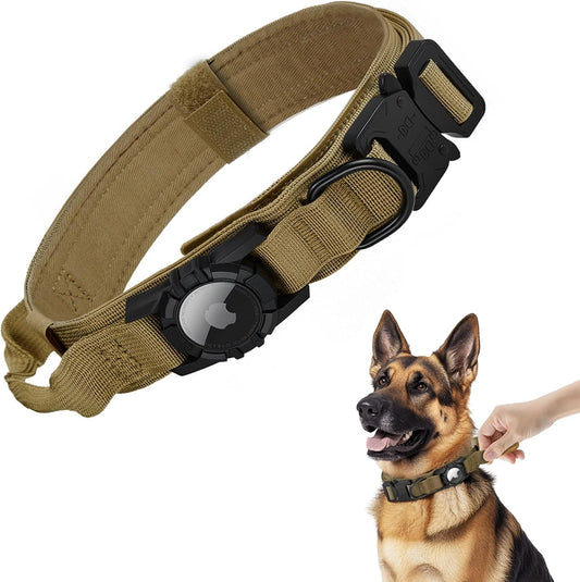 Tactical AirTag Dog Collar - Heavy Duty, Adjustable GPS Collar Compatible with Apple AirTag, with Holder & Control Handle for Medium/Large Dogs [ Brown, M ]