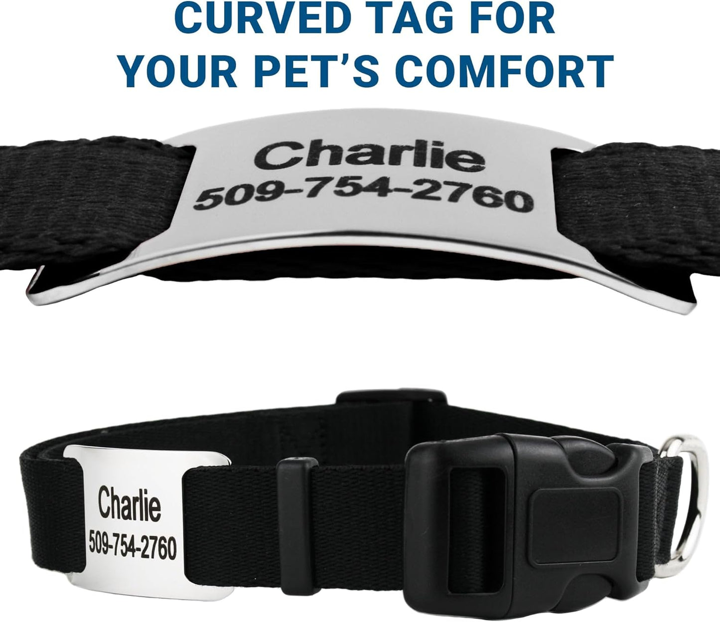 GoTags Reflective Personalized Dog Collar with Nameplate, Adjustable Dog Collar with Custom Engraved Steel Slide On Pet ID Tag, Silent, No Noise Dog Tag for Large Medium or Small (Charcoal, Large)