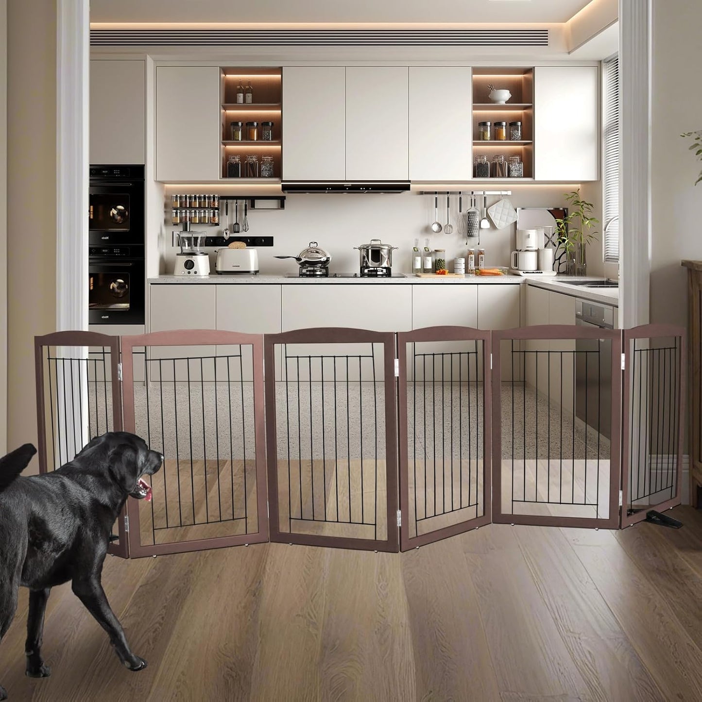 ZJSF Freestanding Dog Fence Indoor, Foldable Dog Gate for Doorways, Stairs or Hallways, Sturdy Wood Extra Wide Pet Gate with Support Feet for The House, Brown, 32 "Height-6 Panels