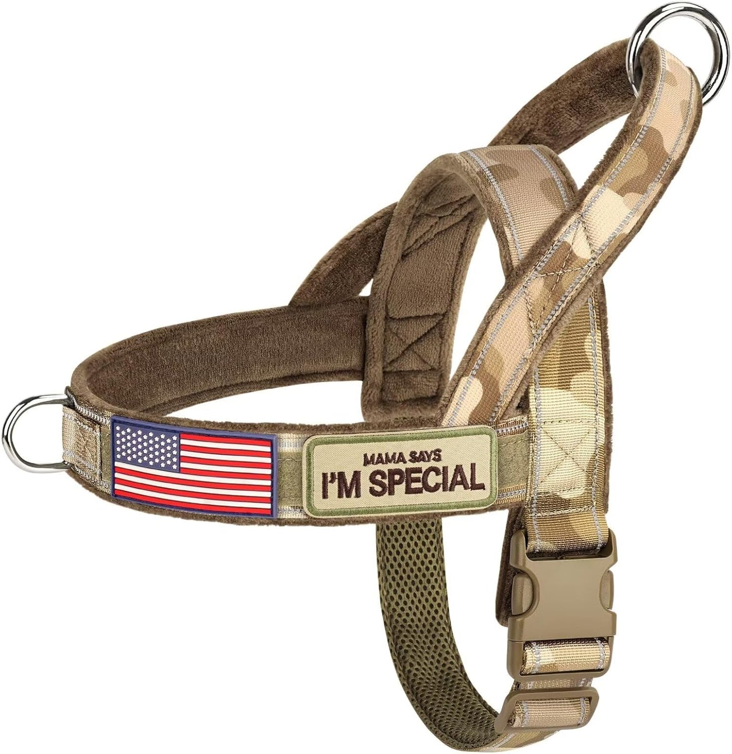 Forestpaw No Pull Dog Harness - Soft Flannel Padded Tactical Dog Vest Harness with Quick Release Buckle, Adjustable Reflective Pet Harness for Medium Dogs Walking Training,Brown Camouflage M