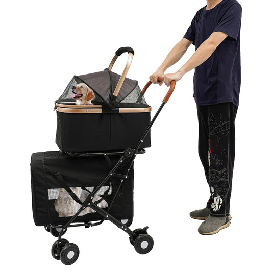 Double Pet Stroller for Dogs and Cats, Foldable Dog Stroller Travel Carriage with Detachable Carriers, Safety Belts, and 4 Lockable Wheels for Small to Medium Pets (Black)