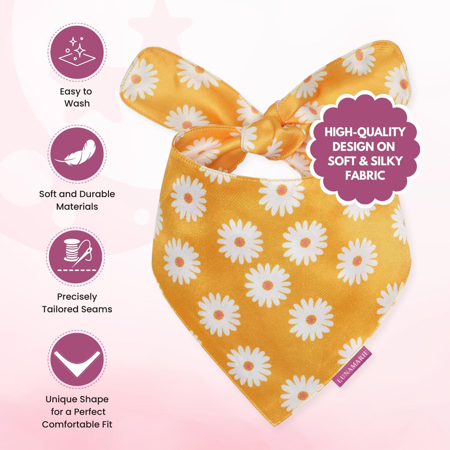 LunaMarie - Luxury Pet Birthday Bandanas -Premium & Silky Poly Fabric | 100% Handmade | Custom Shape Dual Layered (Daisies, X-Small)