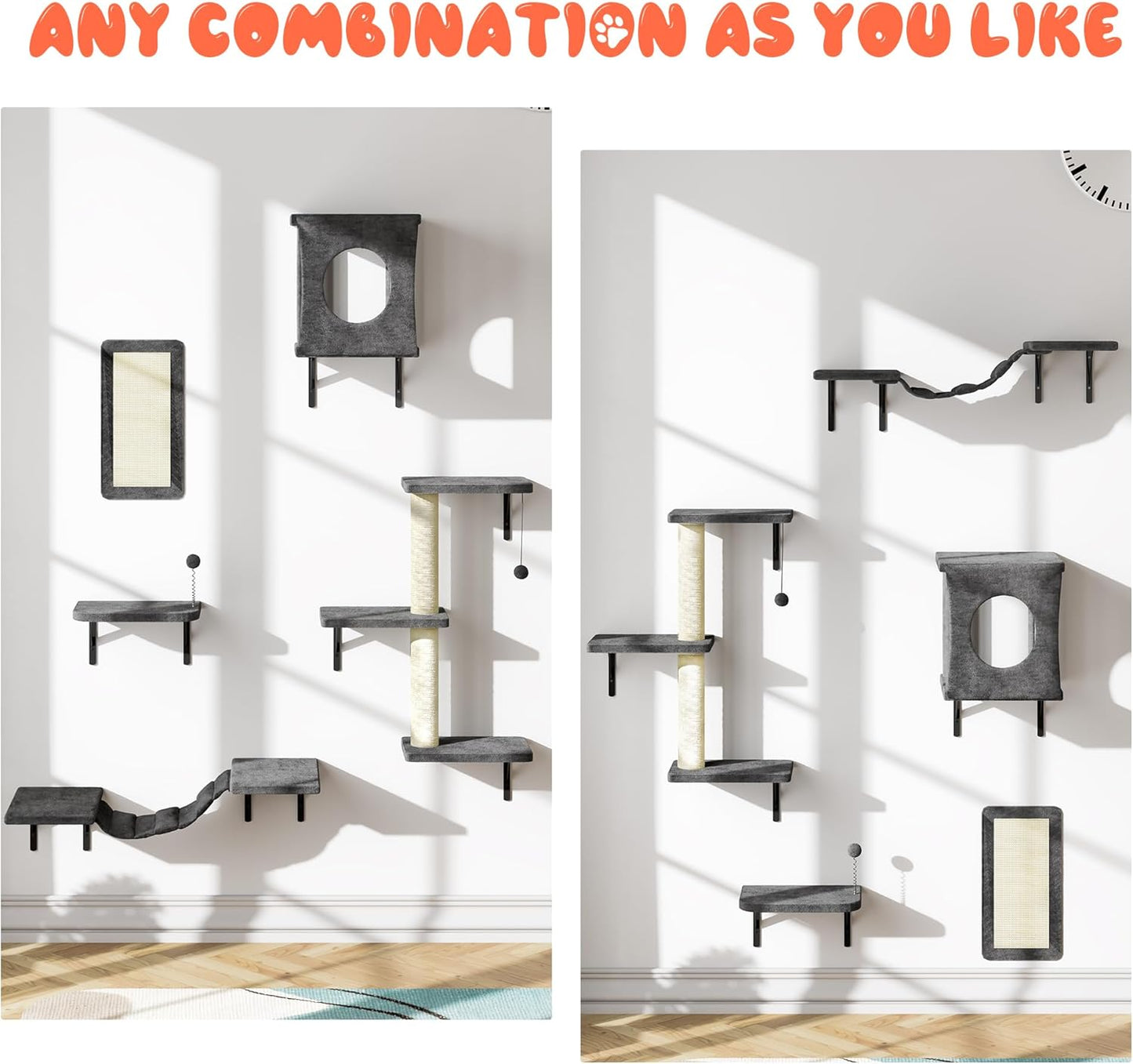 NUNU LAB Cat Wall Shelves Set, 5 Pcs Wall-Mounted Cat Climber with Cat House, Bridge, Scratching Post, Hammock, Wall Shelves, Gray