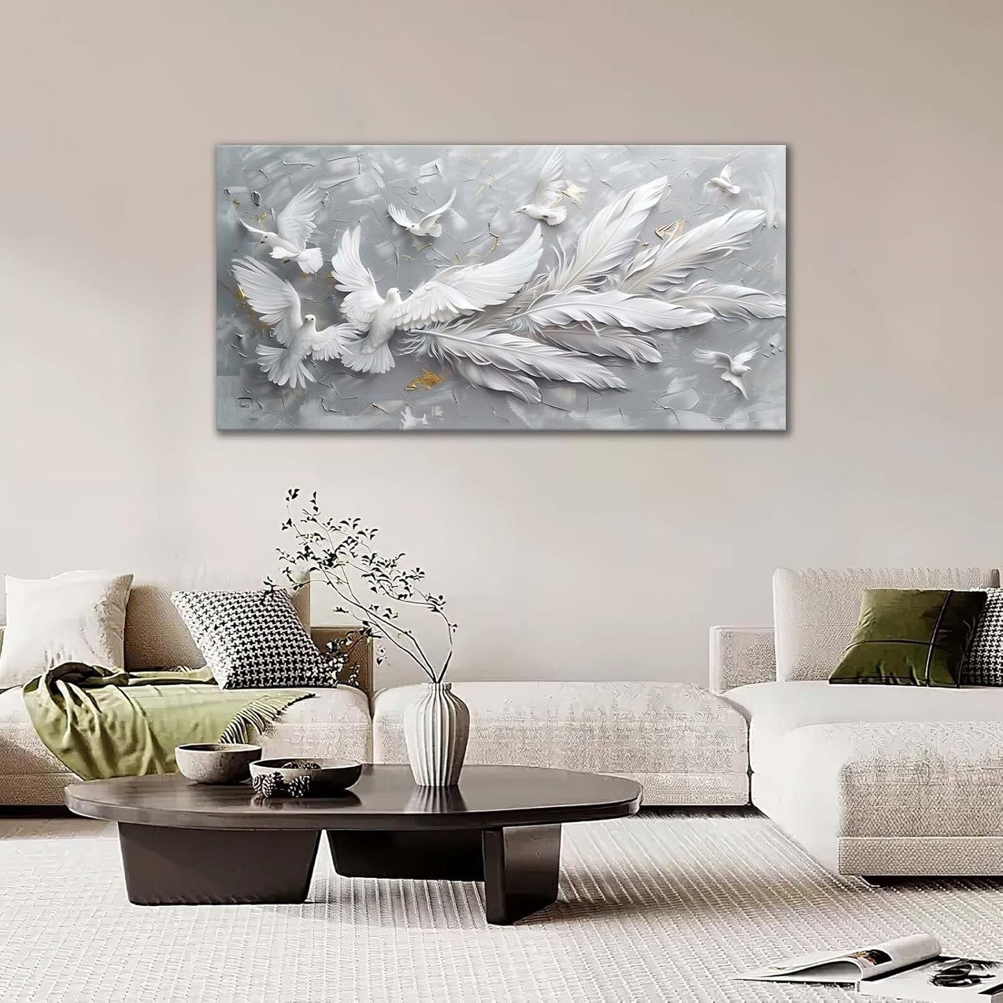 Quorin Feather Dove Bird Large Wall Art White and Gray Peaceful Birds Flying Pictures Holy Wings Wall Decor Canvas Print Painting Artwork for Bathroom Living Room Bedroom 30"x60"