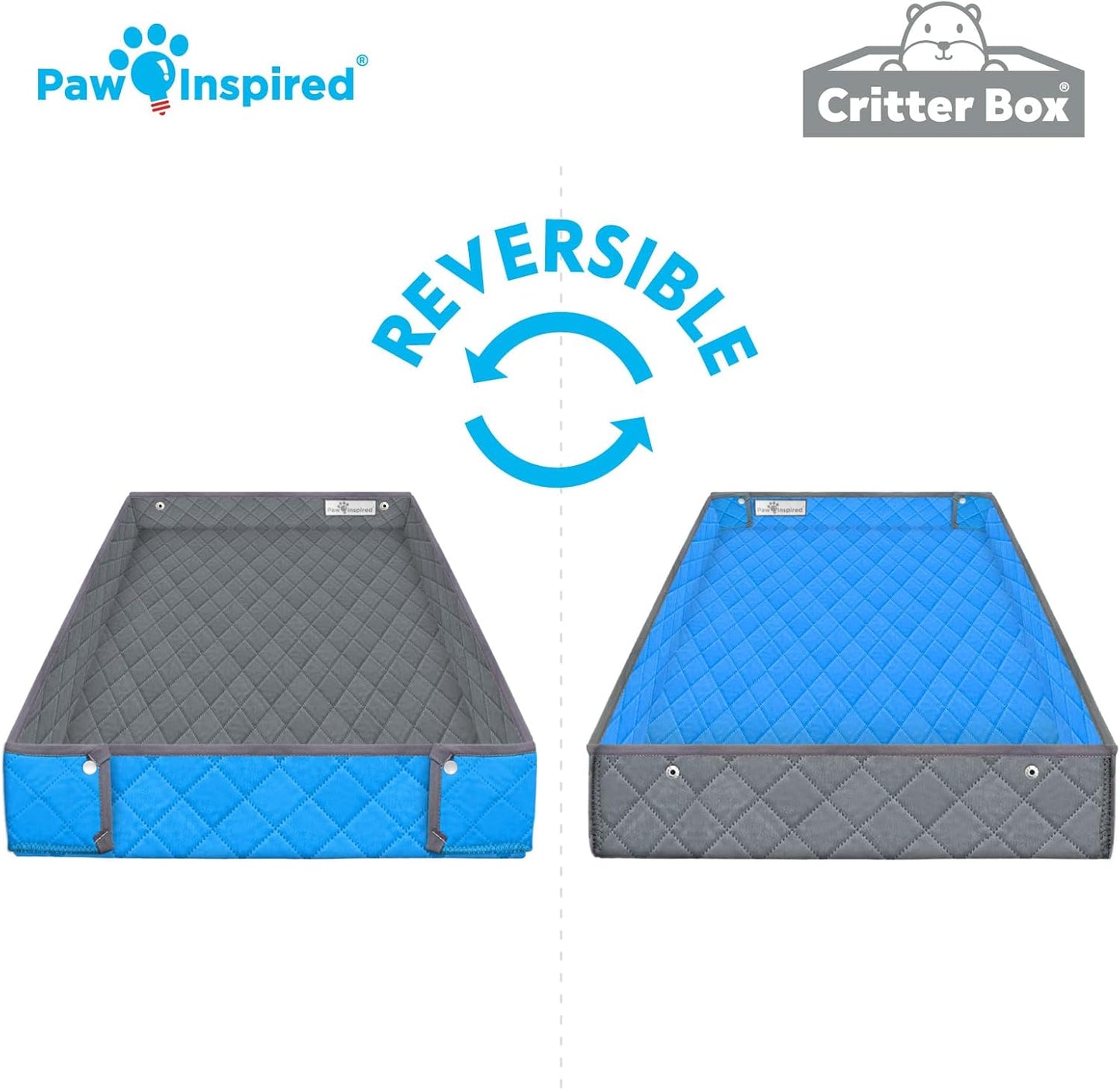 Paw Inspired Critter Box Washable Cage Liner, Reversible Fleece Bedding with Raised Sides for Guinea Pigs and Other Small Animals (C&C 2x3 (14" Grids), Gray/Blue)