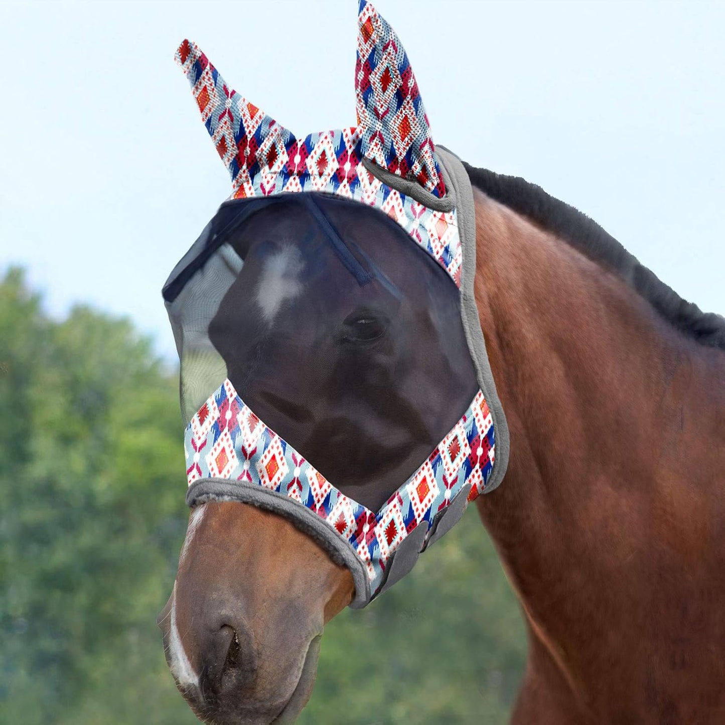 Harrison Howard LumiVista Horse Fly Mask Standard with Ears UV Protection for Horse Tribal Rhombus M Cob