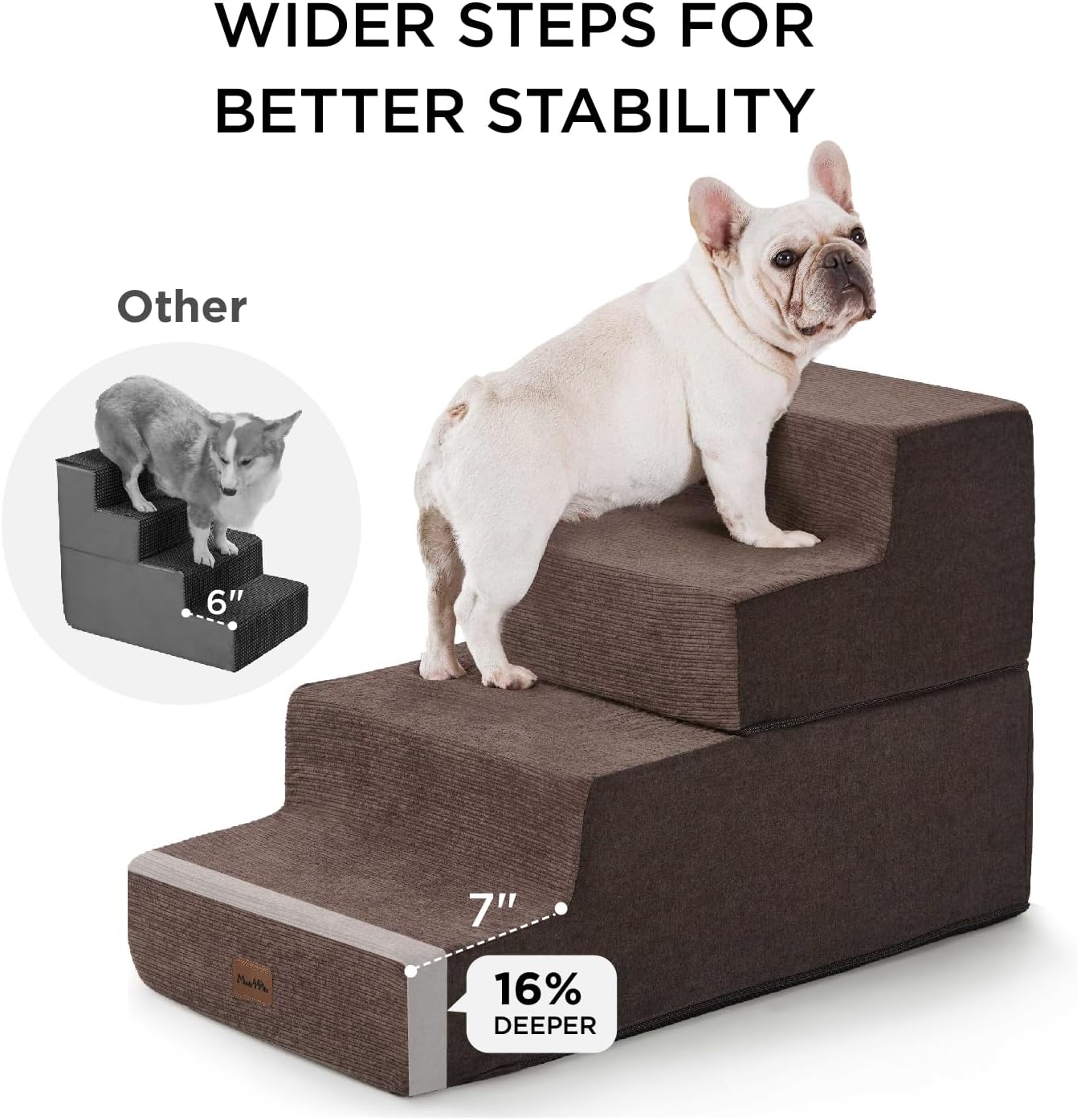Made4Pets Dog Steps for Bed, Extra Wide Dog Stairs for High Bed Couch Sofa, 35D Foam Pet Steps for Small Dogs and Cats, Non-Slip Bottom Pet Stairs, Brown, 4 Steps