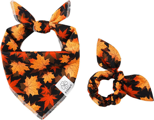 E-Clover Fall Dog Bandana & Matching Scrunchie Set Pet Scarf Kerchief Bibs Dog Outfit for Small Dogs Puppy Owner Gifts Orange Black Maple Leaves