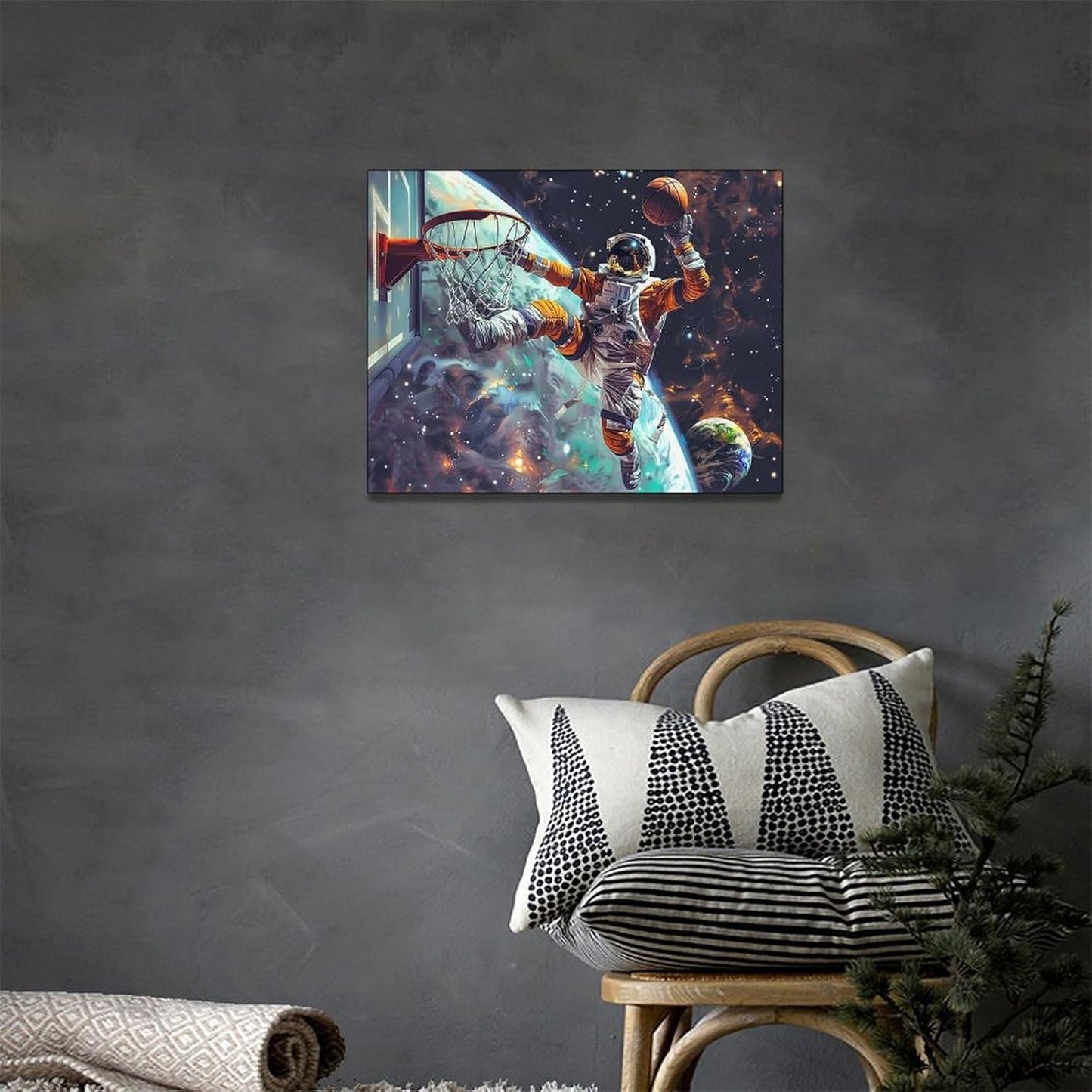 Quorin Astronaut Wall Art Funny Spaceman Basketball Pictures Space Galaxy Planet Wall Decor Canvas Print Painting Artwork for Bathroom Living Room Bedroom 12"x16"