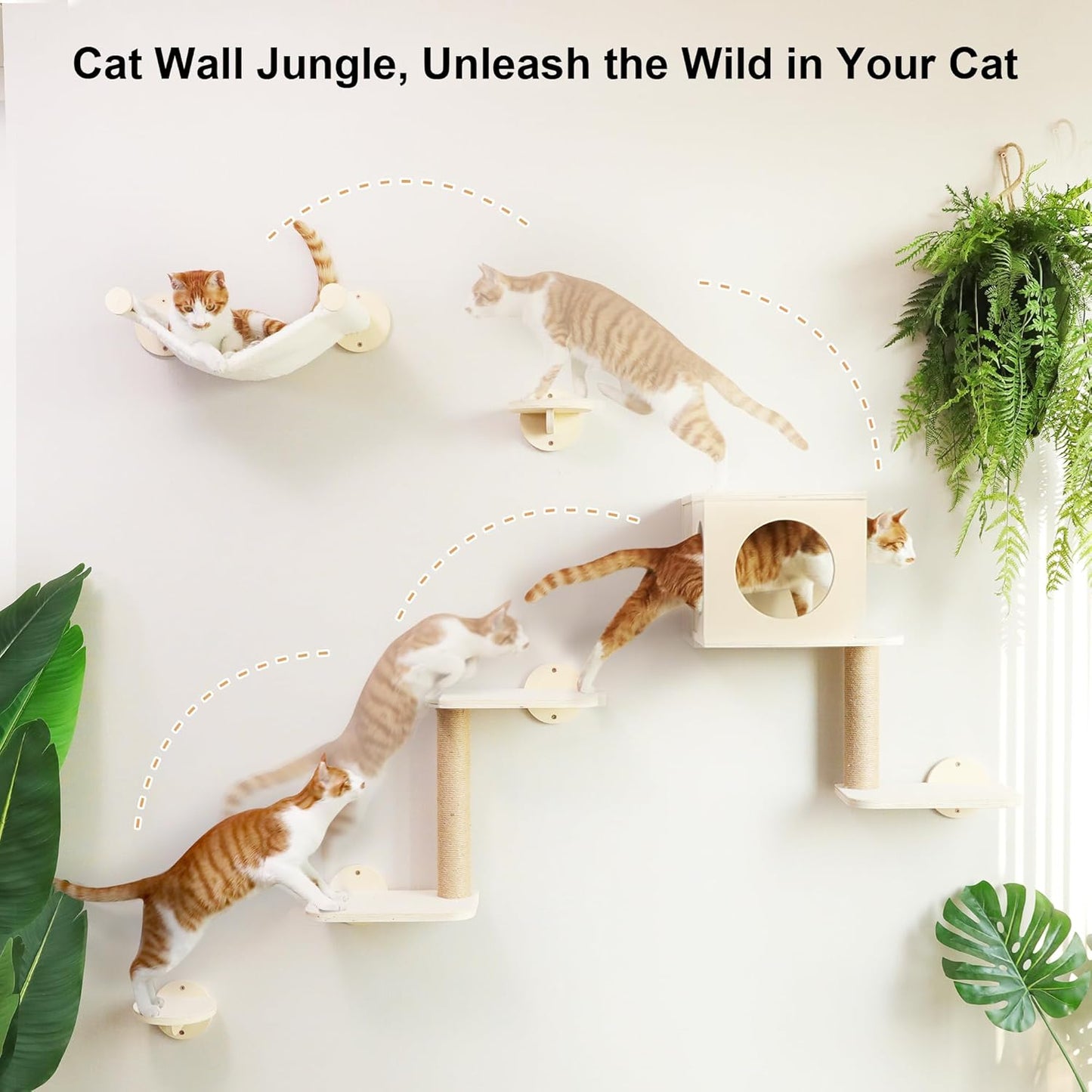 FUKUMARU Cat Wall Shelves, 5-Piece Stable Wooden Wall-Mounted Furniture Set, Kitty Climber with Hammock, House, Steps, Scratching Post (Beige)