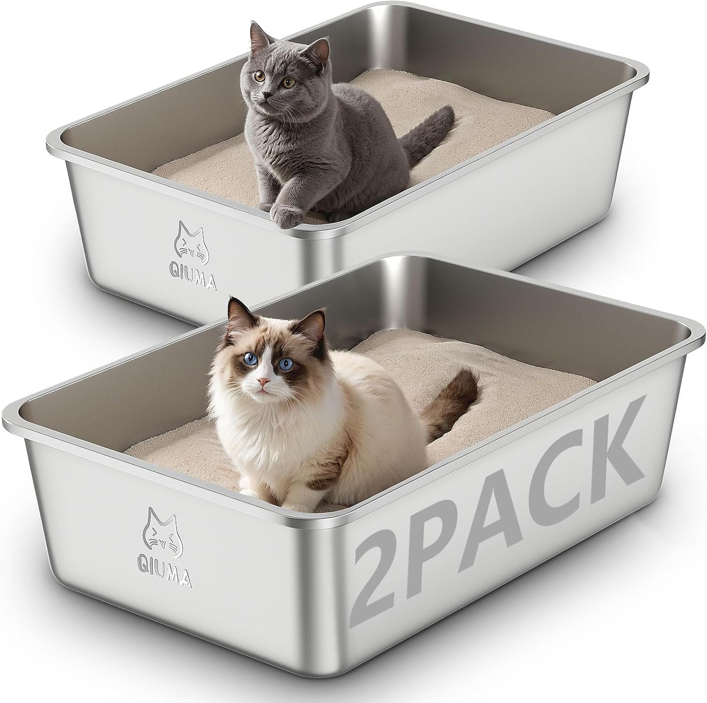 2 Pack Stainless Steel Cat Litter Box, 23.4" L×15.6" W×7.8" H, Metal Kitty Litter Box with High Sided for Big Cats, Non-Stick, Easy to Clean, Odor-Free
