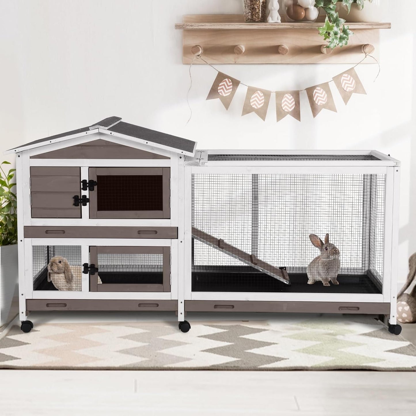2-Story Indoor Rabbit Hutch with Chew-Proof Outdoor Rabbit Cage with 6 Locking Casters Bunny Cage 2 Pull-Out Trays Guinea Pigs Cage 62" Brown