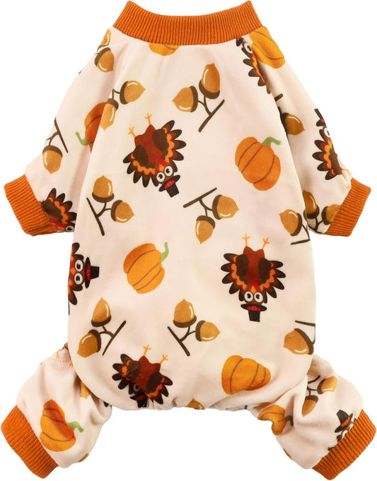 Fitwarm Thanksgiving Turkey Dog Pajamas, Funny Dog Winter Clothes for Small Dogs Girl Boy, Pet Jumpsuit, Cat Onesie with Feet, Lightweight Velvet, Orange, XS