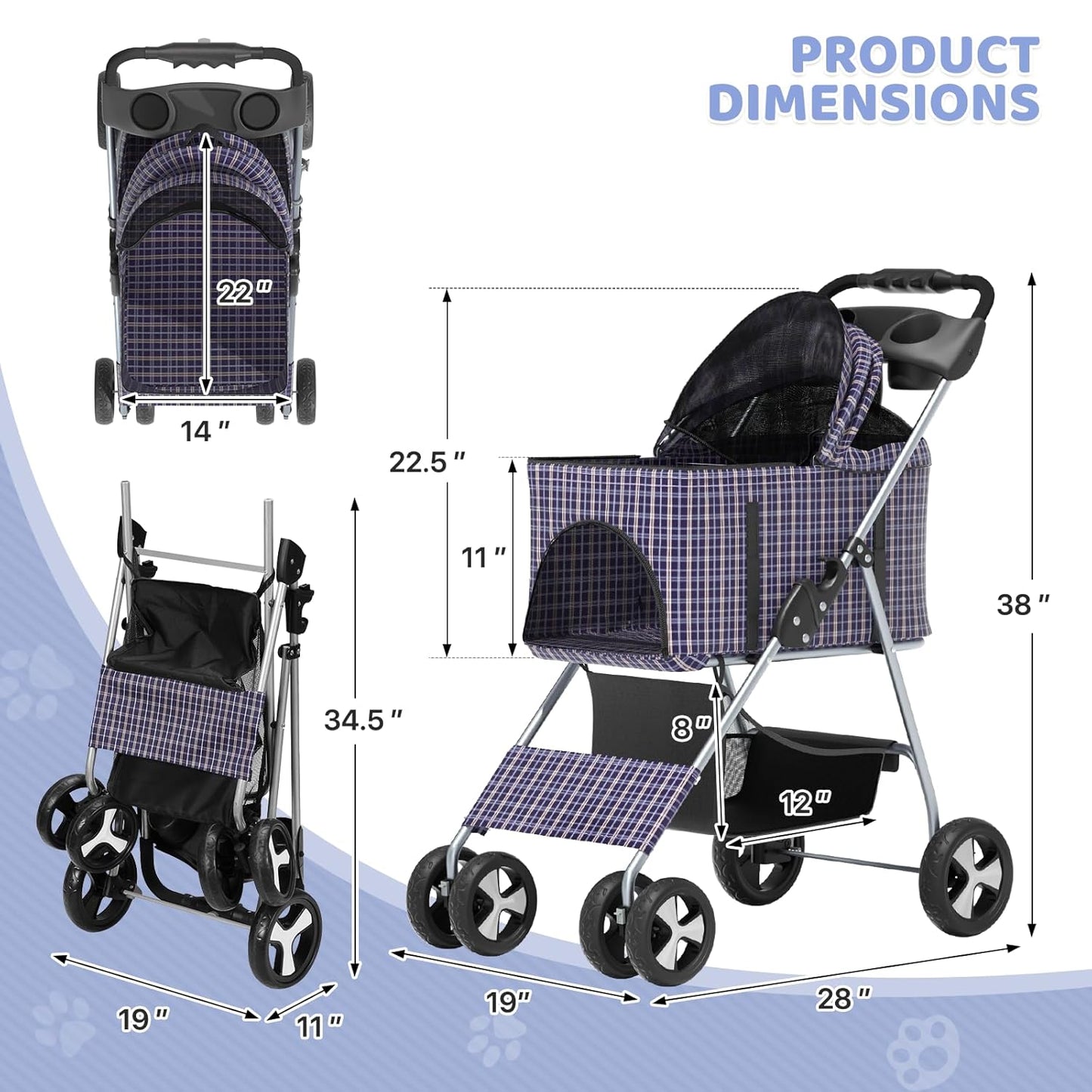 Magshion Foldable Pet Stroller, 3-in-1 Dog Travel Jogger with Detachable Carrier, Cup Holder, Storage Basket, Folding Carrier for Small/Medium Dogs & Cats Up to 33 lbs, Plaid