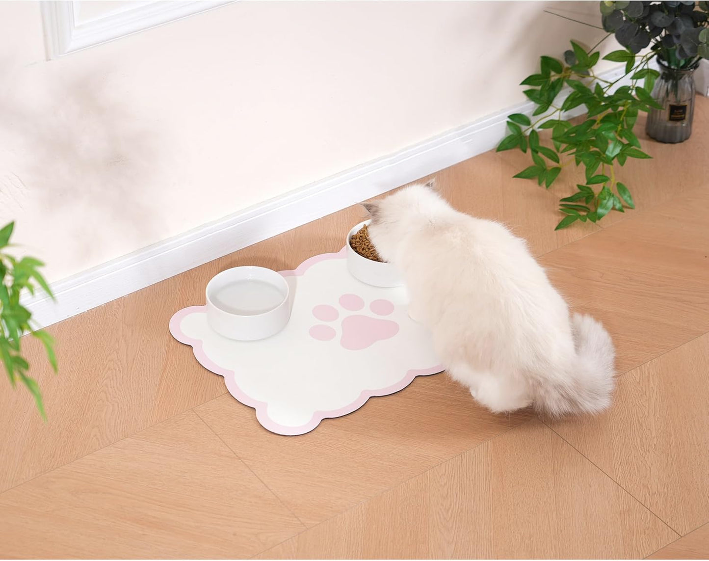 Ralxion Scalloped Dog Feeding Mat, Absorbent Mats for Dog Food and Water Bowl, Dispenser, Cute Elegant Aesthetic Pastel Pink Scallop Pet Placemat for Dogs, Cats, Puppy Accessories, 17" X 24”