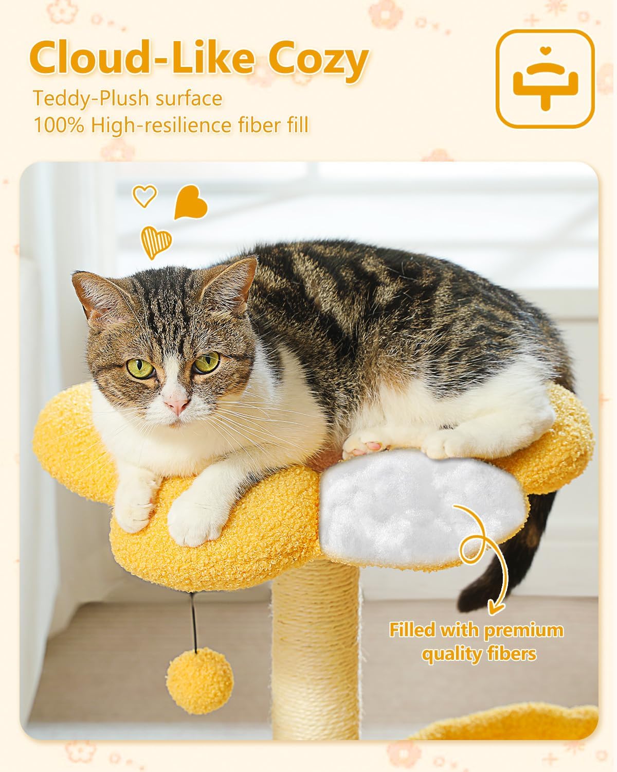 28" Flower Cat Tree Cute with Flower Top Perch, Large Hammock for Indoor Small Cats, Small Cat Tower with Cute Scratching Post and Fur Toy Ball for Kittens, Yellow