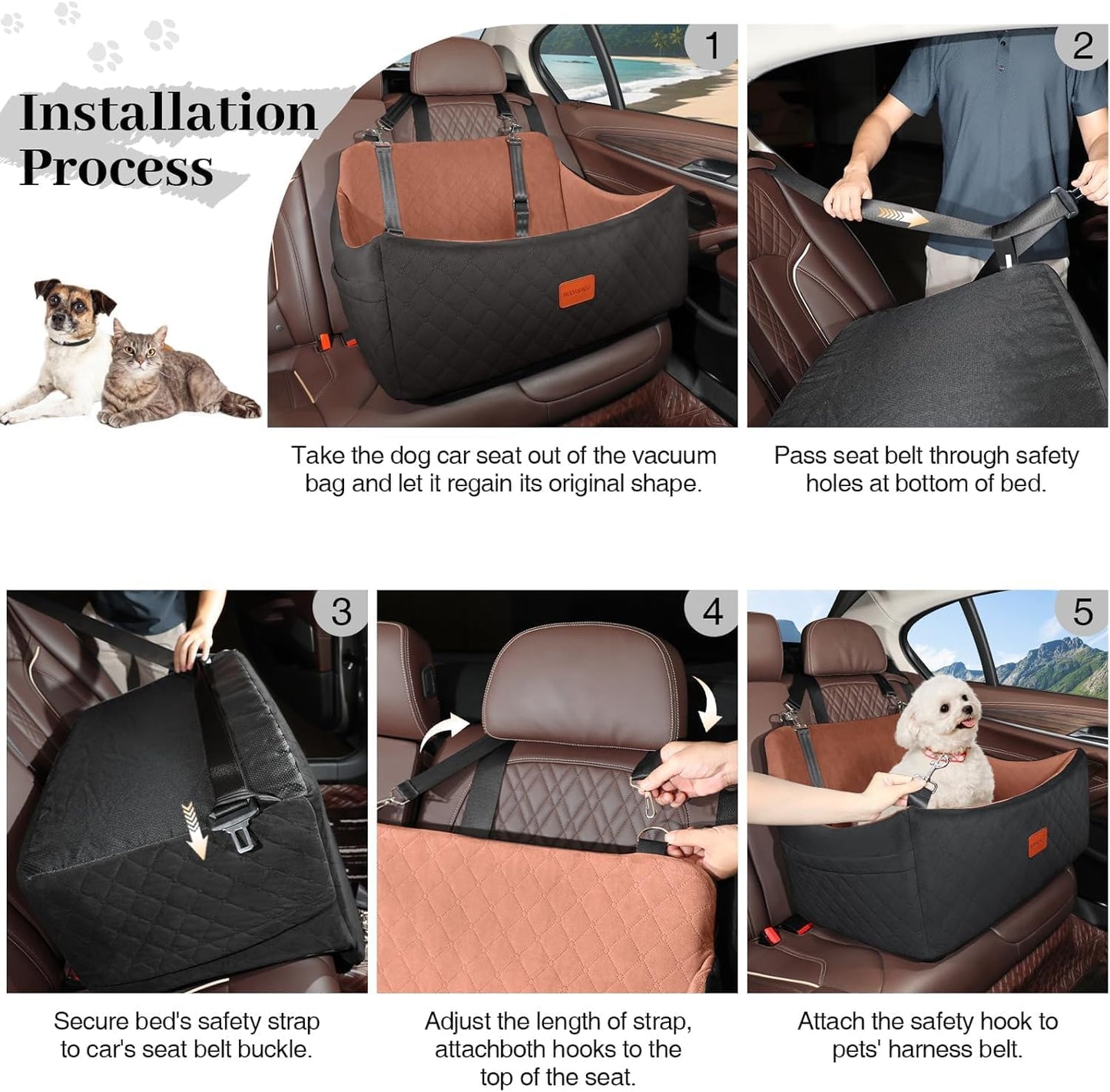 Dog Car Seat for Medium & Large Dogs Up to 55lbs, Memory Foam Cushion, Washable Cover, Safety Straps & Non-Slip Bottom(Black/Brown,Large)