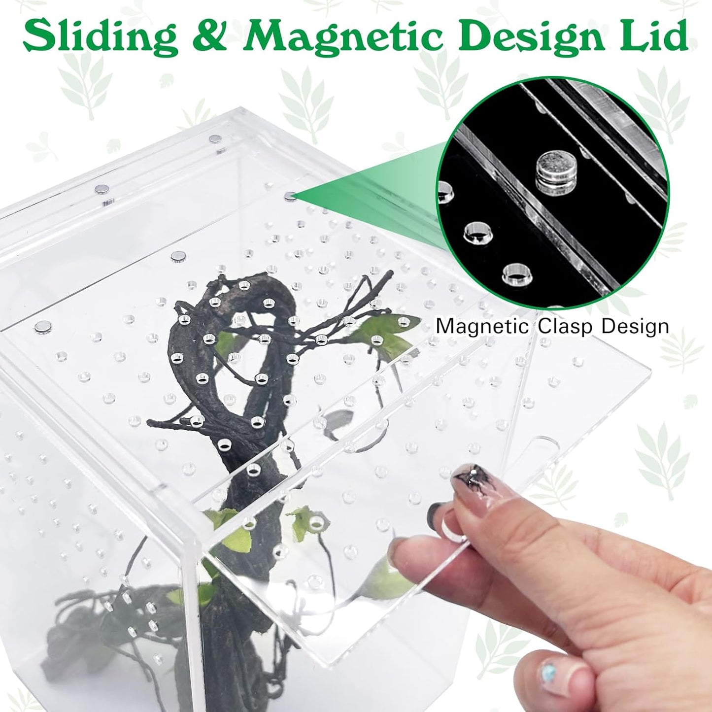 Reptile Terrarium Enclosure 6"x6"x10" Tall Acrylic Tarantula Breeding Box Magnetic Hermit Crab Habitat Vertical Tank Transparent Jumping Spider Cage for Insect Mantis Scorpion Sling Isopods