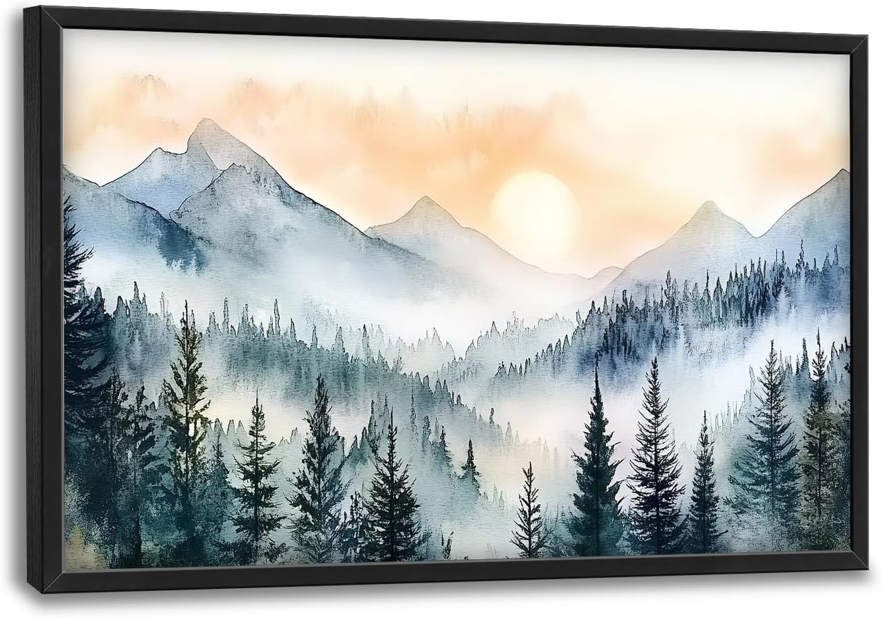 Large Misty Mountain Forest Wall Art for Living Room, Framed Foggy Sunrise Landscape Wall Decor Oversized Watercolor Canvas Painting Modern Artwork Home Decoration for Bedroom Office 36"x24"