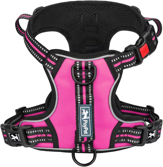 PoyPet No Pull Dog Harness, No Choke Front Clip Reflective Dog Vest with Soft Padded Vertical Handle, 3 Leash Attachments for Small Medium Large Dogs (Pink,M)