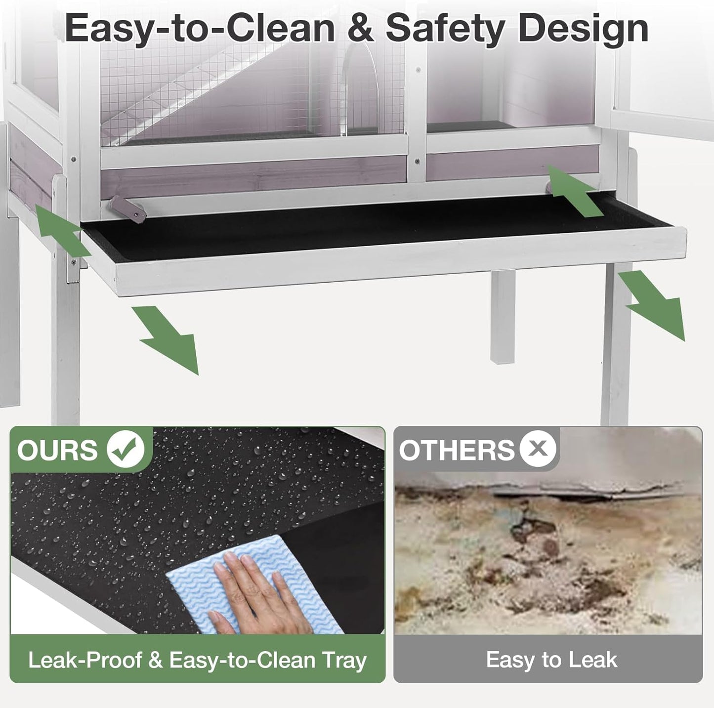 Guinea Pig Cage with Wooden Stand - Hamster Cage, Small Animal Cage Anti Chew Ramp, Hideout, Platform, Pull Out Tray (Grey, L)