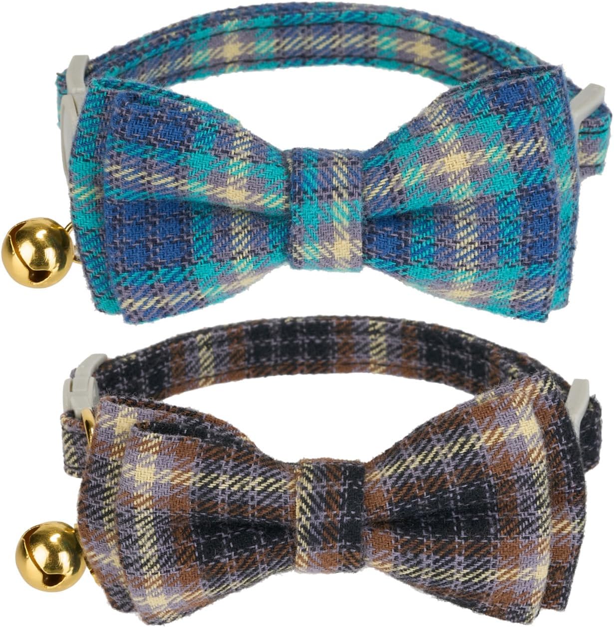 2 Pack Soft Cotton Cat Collars with Bowtie and Bell Breakaway Plaid Cat Kitten Collar(Ocean Blue and Mocha Tweed)