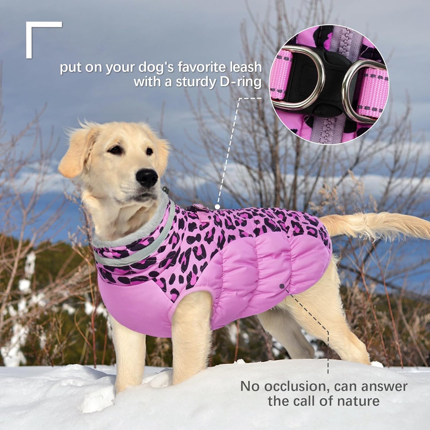 FUAMEY Dog Coat for Small Dogs,Waterproof Dog Winter Jacket with Harness Built in Puppy Cold Weather Coats Reflective Pet Vest with Zipper Warm Fleece Dogs Snowsuit Windproof Pink Leopard XS