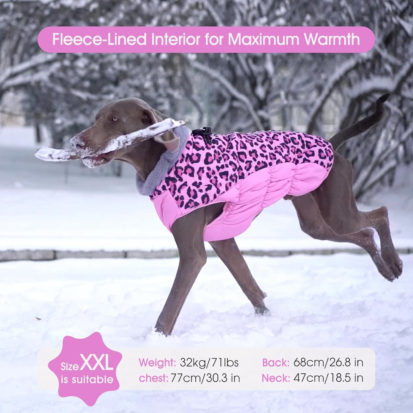 FUAMEY Dog Coat for Large Dogs,Waterproof Dog Winter Jacket with Harness Built in Puppy Cold Weather Coats Reflective Pet Vest with Zipper Warm Fleece Dogs Snowsuit Windproof Pink Leopard XXL