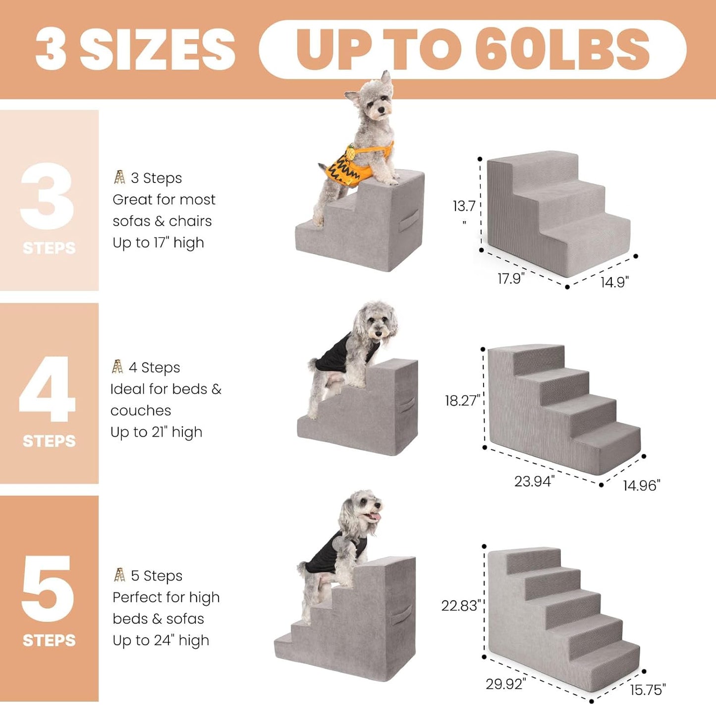 MEWANG Dog Stairs for Small & Medium Dogs and Old Cats –3/4/ 5 Steps High-Density Foam Pet Ramp for Bed & Couch, Non-Slip, Washable Cover, Grey (Square Corner, 4 Steps: 23.94''×18.27''×14.96'', 2)