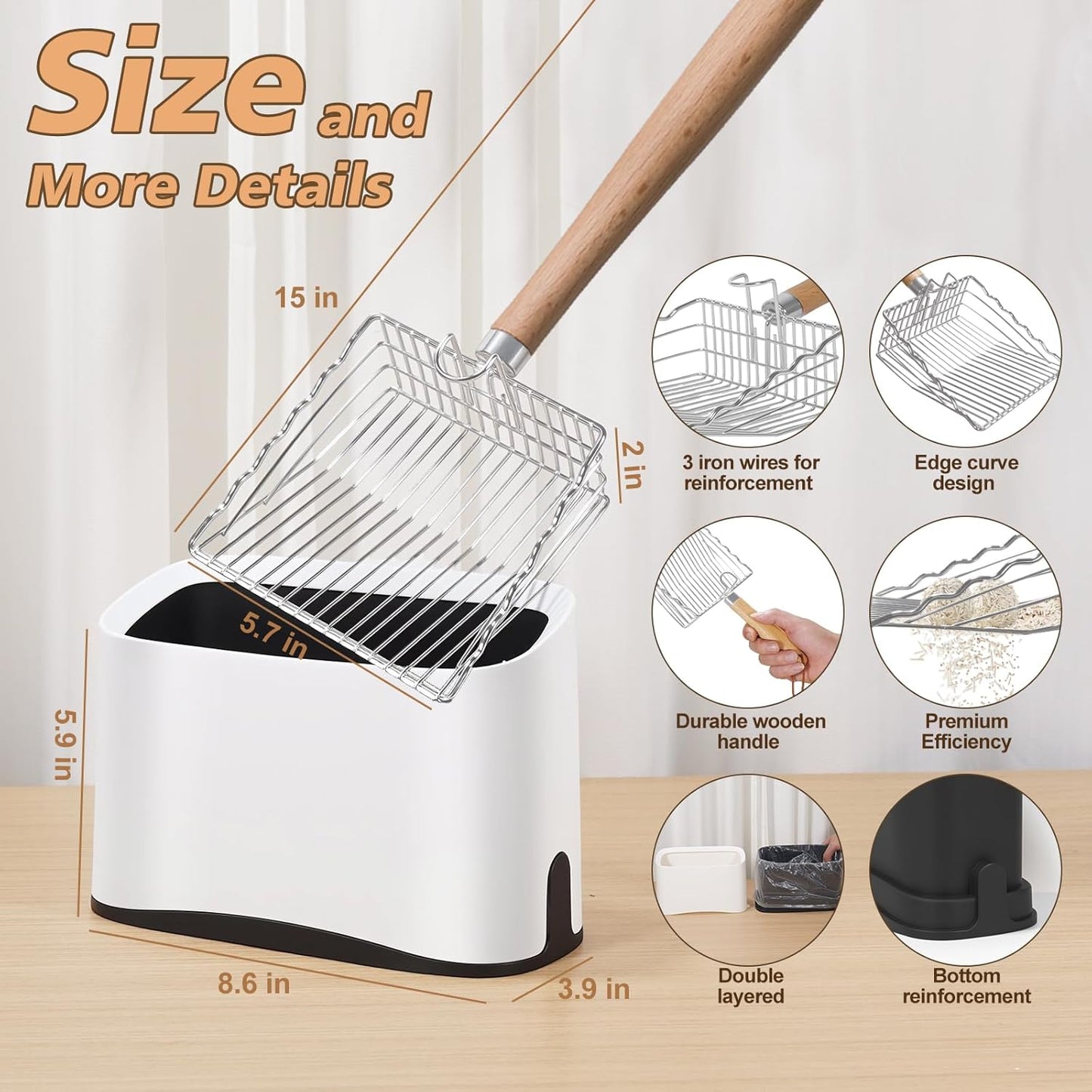 Metal Cat Litter Scoop with Holder, Poop Scooper with Stand and 2 Rolls of Garbage Bags, Heavy Duty Stainless Steel Shovel with Wooden, Quick Sifter for Easy Cleaning (Long handle-9.8" with Holder)