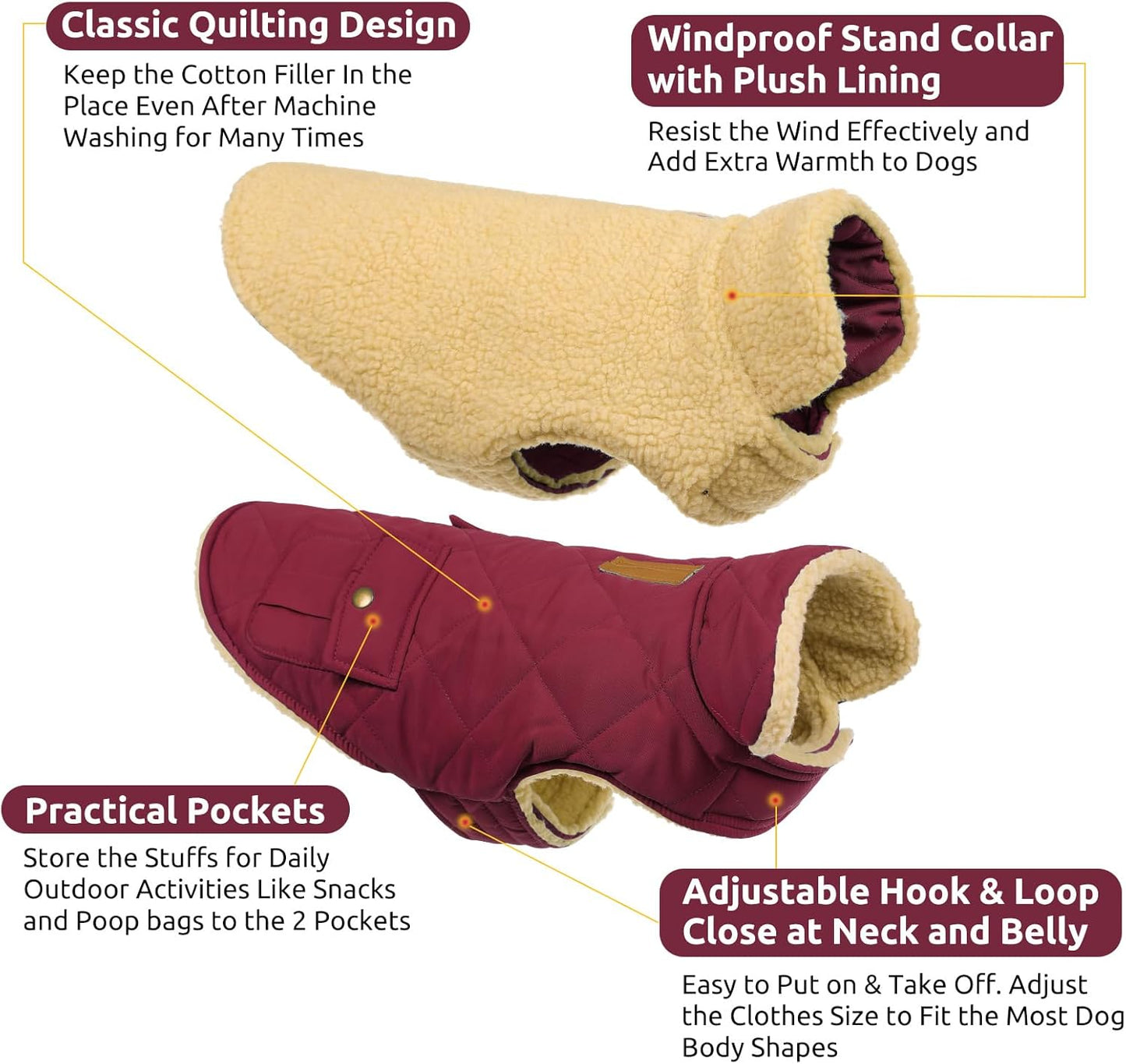 Queenmore Dog Winter Coat Warm Puffer Jacket Waterproof Plush Lining Thermal Cold Weather Vest for Small Medium Large Dogs, Windproof Easy On Pet Jacket Burgundy L