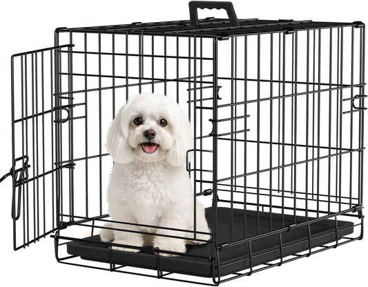 FDW Dog Crate for Small Dogs 18 Inch Folding Metal Wire Pet Cage Double Door W/Divider Panel Indoor Outdoor Kennel Leak-Proof Plastic Tray,Black