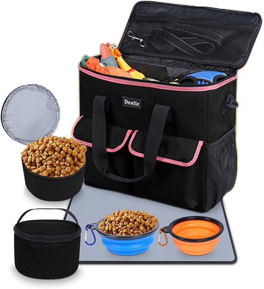Large Pet Travel Bag Organizer - Dog & Cat Tote with Food Containers, Bowls, Feeding Mat, Perfect for Camping, Hiking (Multi-Pocket Design)