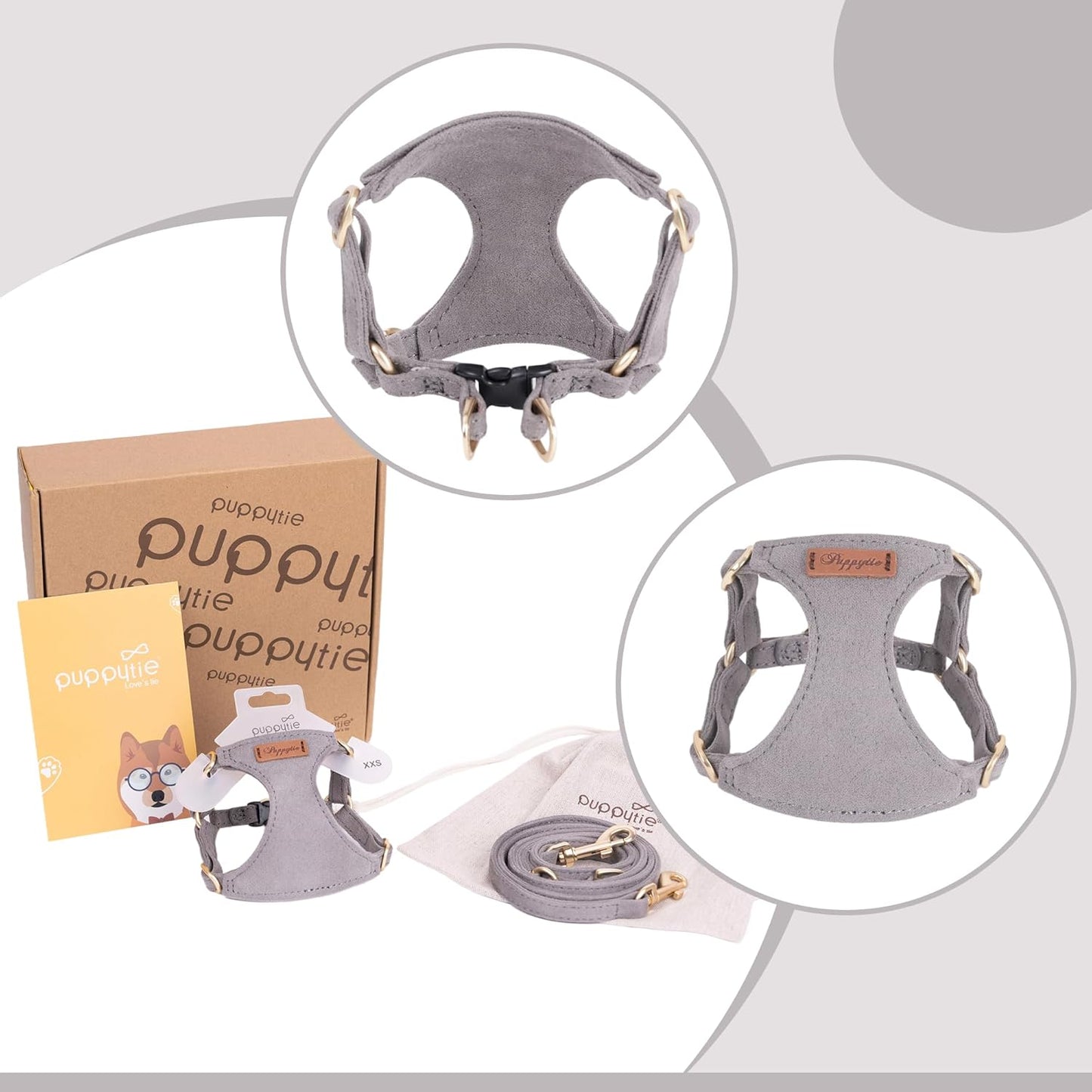 Puppytie No Pull XXS Puppy Harness with Multifunction Dog Leash,Soft Adjustable No Choke Escape Proof Pet Harness Vest,Silver Grey,XXS