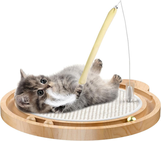 3-in-1 Cat Toys, Scratcher, Toys for Indoor Cats, Natural Sisal Scratching Board, Kitten Interactive with Ball Track & Retractable Wand Toy & Feather