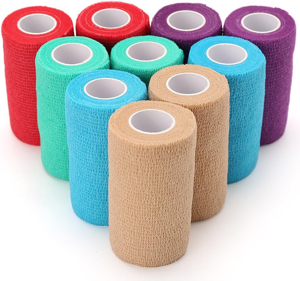 LotFancy Vet Wrap, 4 Inch x 5 Yards, 10 Pack Self Adhesive Bandage Wrap, Non-Woven Cohesive Bandage, First Aid Tape for Horses Dogs Cats Elbow Ankle, Assorted Color