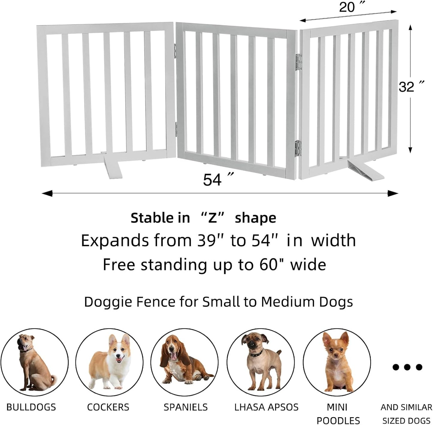 ZJSF Freestanding Indoor Dog Gate for House Foldable Wood White Puppy Gate for Doorways Pet Gate for Stairs Extra Wide Pet Fence 32" Height 3 Panels