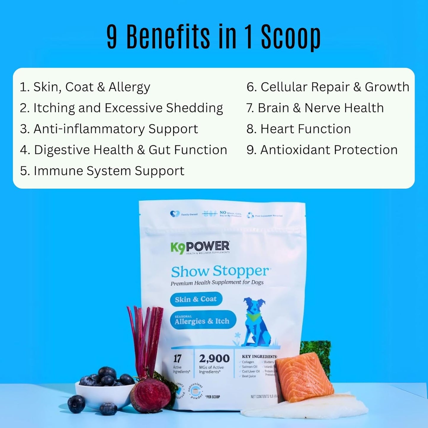 K9 Power Show Stopper for Dogs 1lb – Boosts Coat Shine & Promotes Healthy Skin Tone - Strengthens Immune System - Enhances Digestive Health