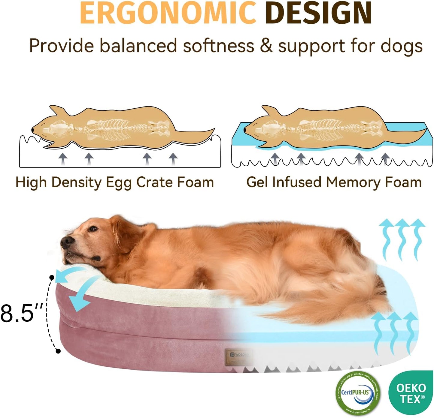 Orthopedic Washable Large Dog Bed: Cooling Dog Bed with Bolsters - Jumbo Bed Waterproof Removable Cover Non-Slip Pet Bed for Extra Large Sized - Pink