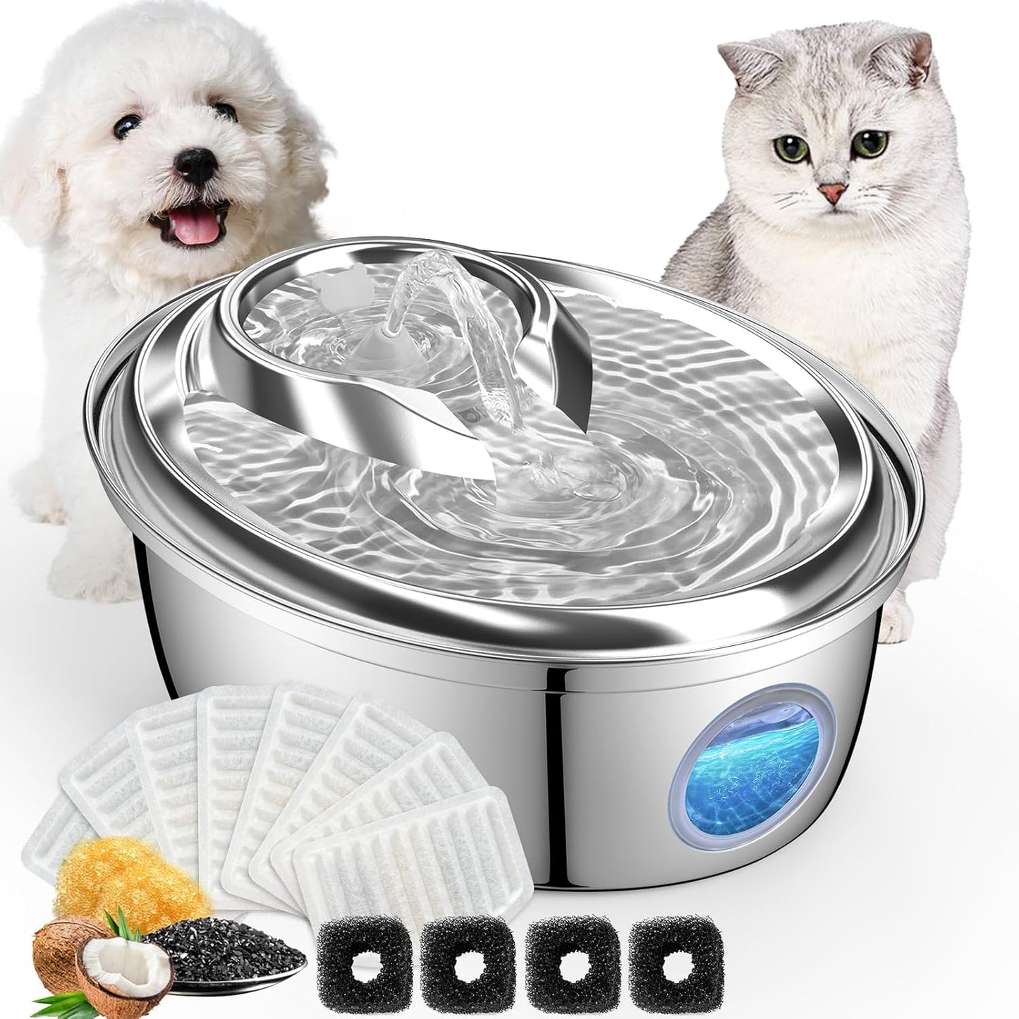 ORSDA Stainless Steel Cat Water Fountain, 100oz/3L Automatic Pet Drinking Fountain, Dog Water Dispenser Bowl with LED Window for Cats and Small & Medium Dogs- 12Pcs Filters（ D66