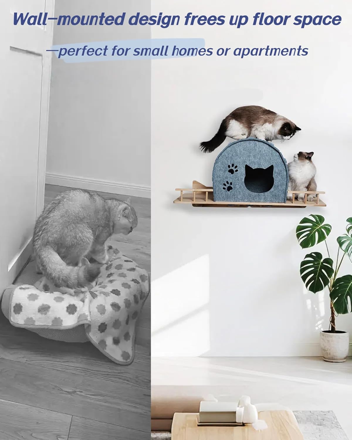 Wall Mounted Felt Cat Bed – Modern Cats Shelf with Wooden Base & 4 Holders, Space-Saving Cat Perch for Indoor Cats, Minimalist Wall Cat Furniture for Resting & Lounging,Gray