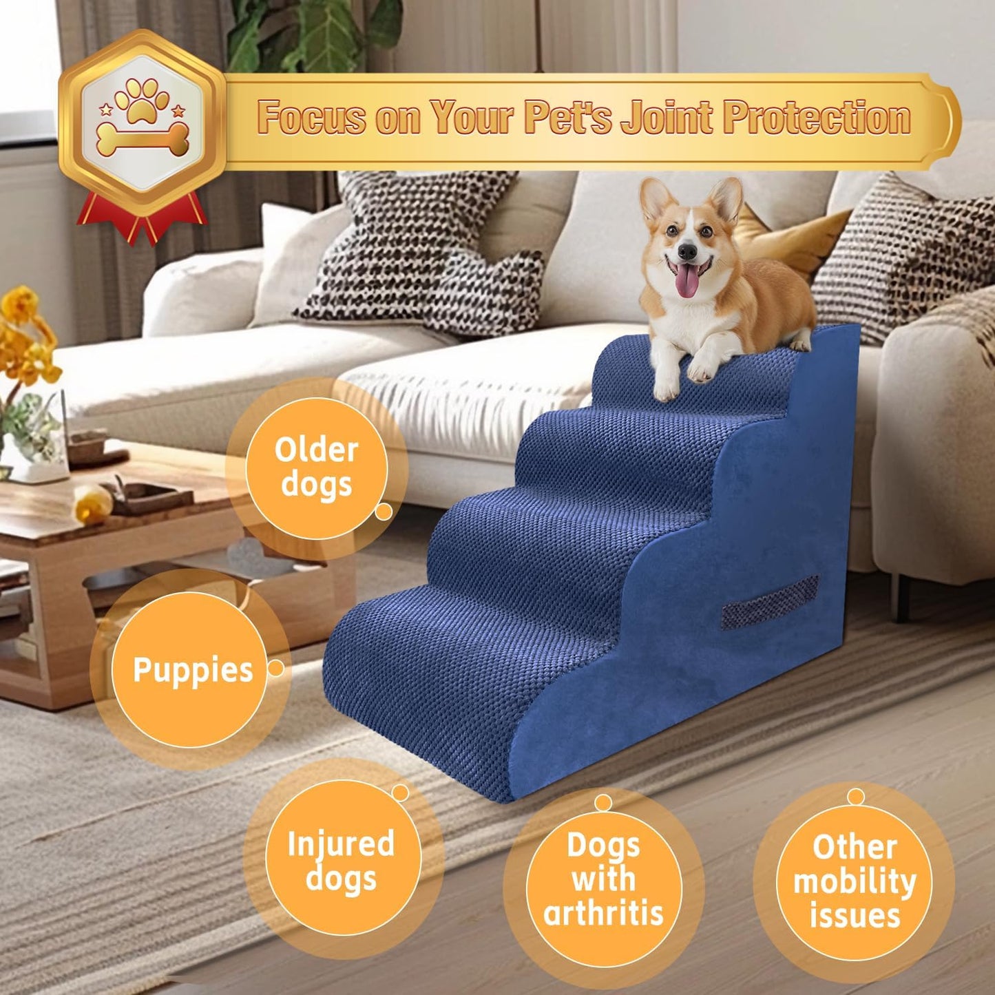 PAWSCART Dog Stairs for Small Dogs and Cats, 4-Step Dog Steps for Bed, 19.6" H Pet Stairs for High Bed, Pet Ramp for Couch, Sofa, Non-Slip Surface Removable Washable Cover, Blue