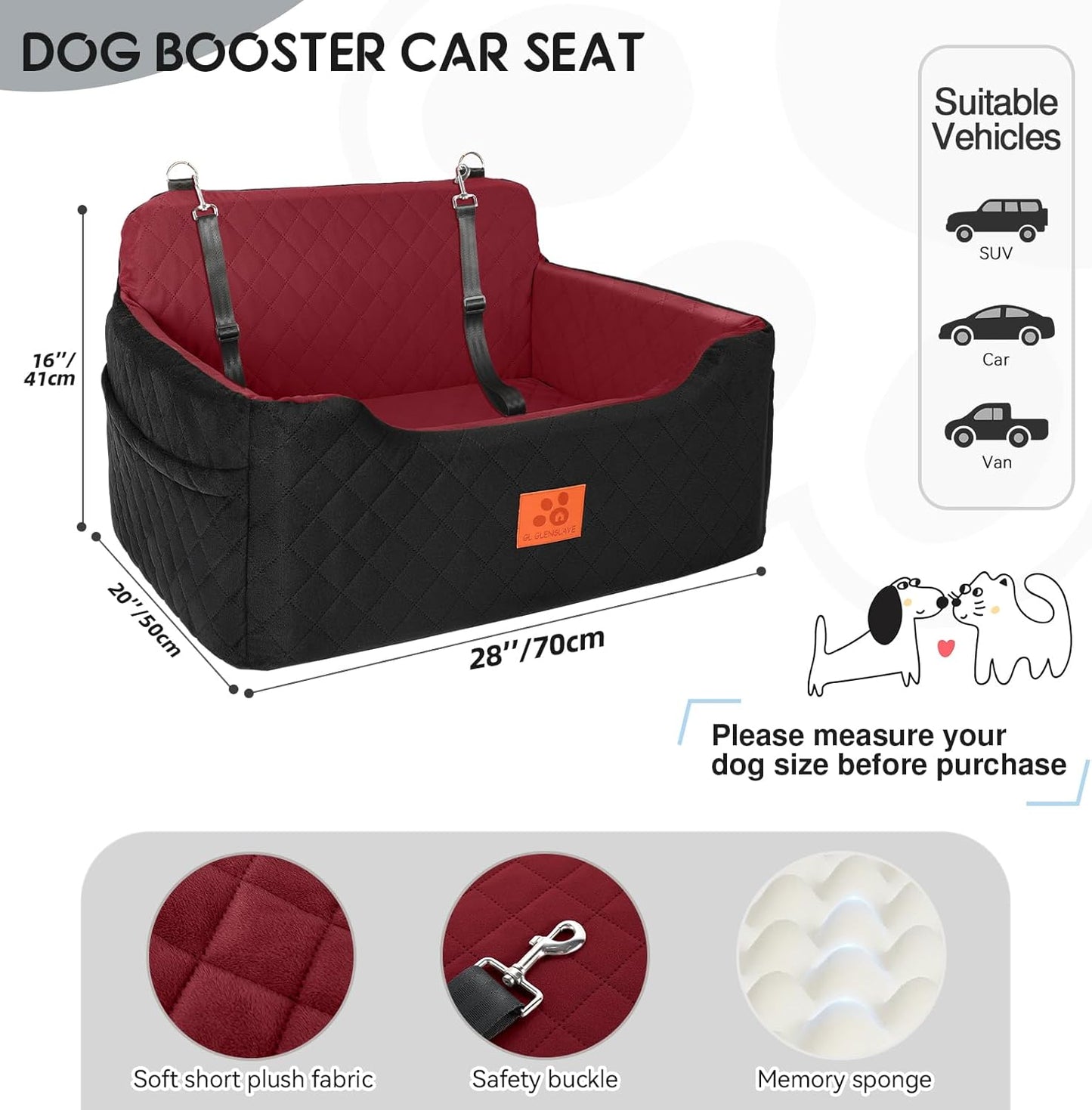 Dog Car Seat for Medium/Large Dogs, Dog Booster Seat for Pet Under 50lbs or 2 Small Dogs, Detachable and Washable Pet Car Bed, Multi-Functional Pet Booster Seat for Backseat(Black/Red)