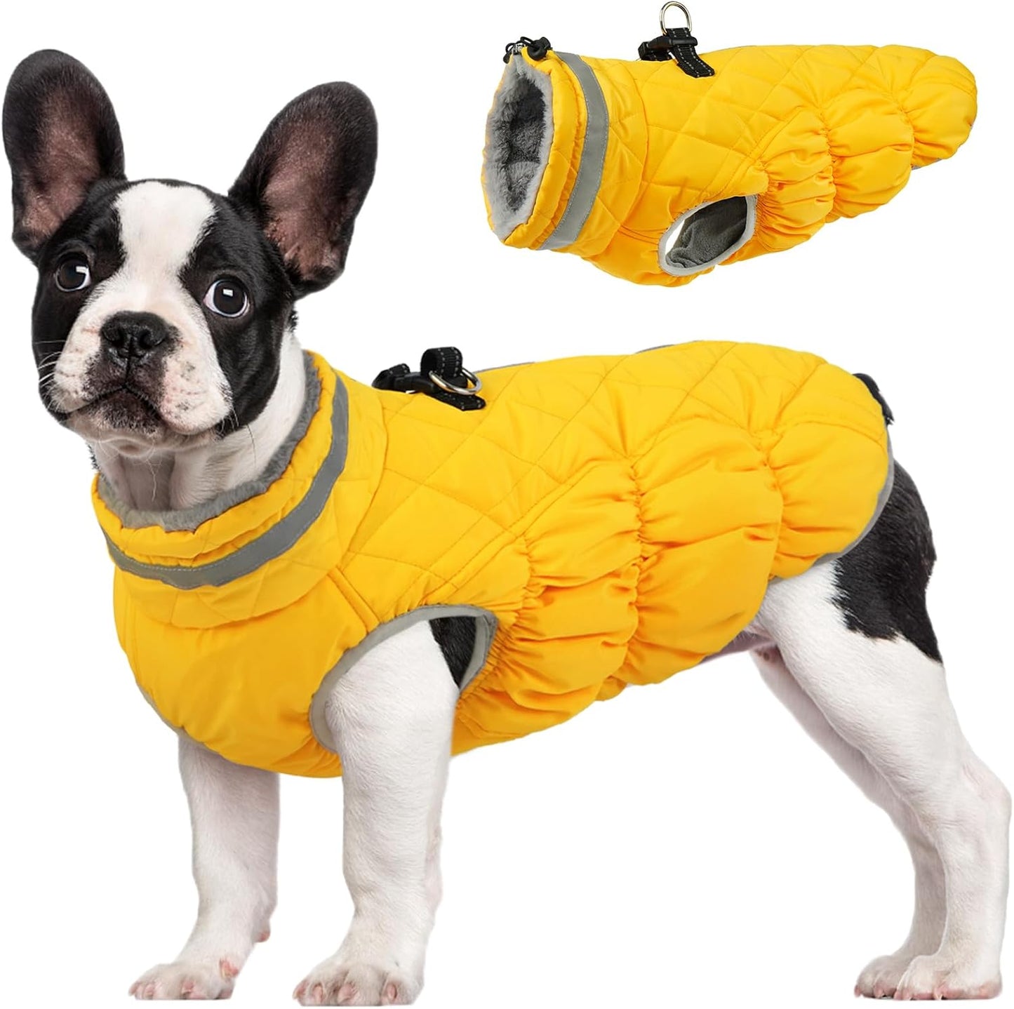 FUAMEY Dog Coat for Small Dogs,Waterproof Dog Winter Jacket with Harness Built in Puppy Cold Weather Coats Reflective Pet Vest with Zipper Warm Fleece Dogs Snowsuit Windproof Yellow XS